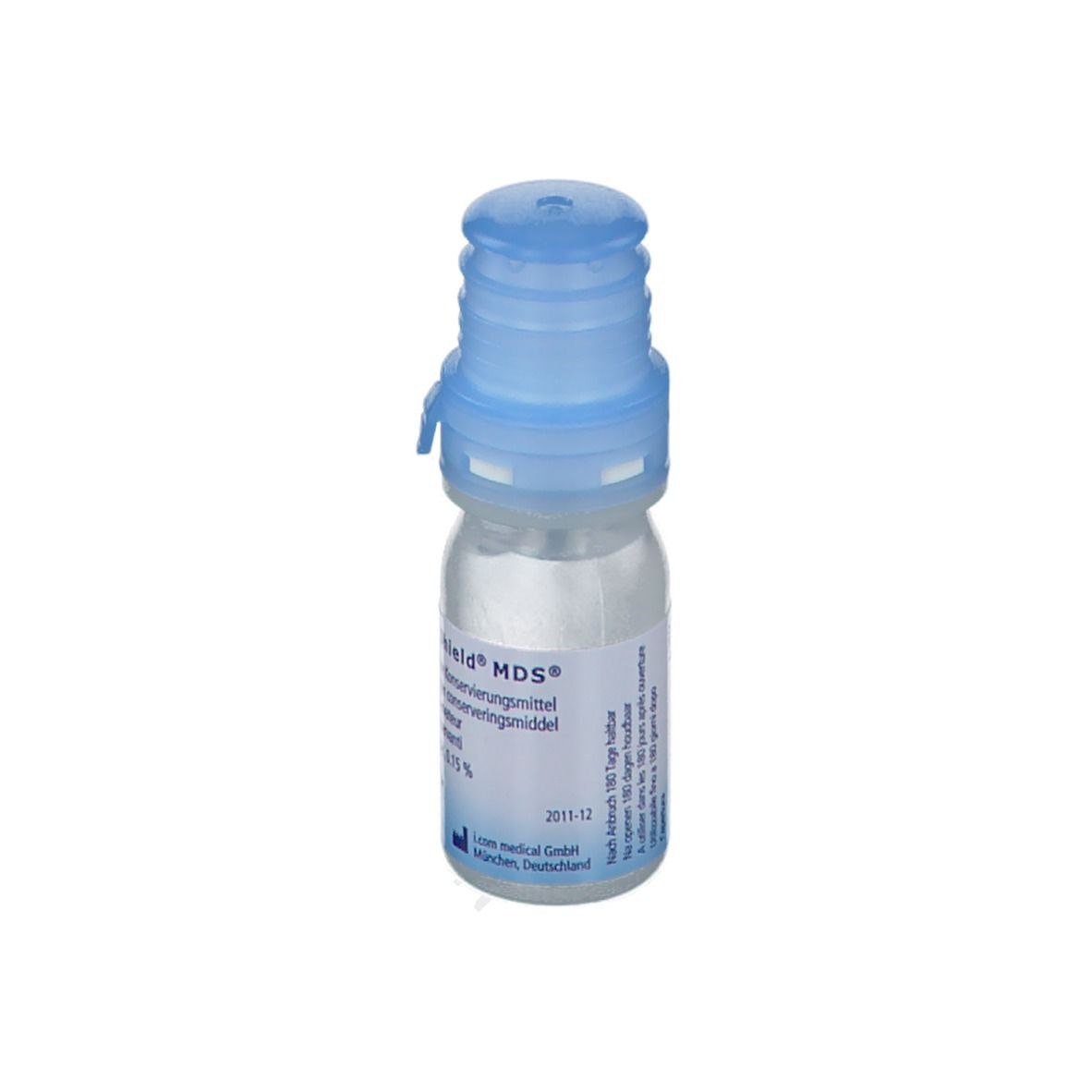 Flacon de gouttes ophtalmiques avec bouchon bleu. Inscription : Comfort Shield MDS. Inscription : 10 ml Hylan A fluid, 0,15%.