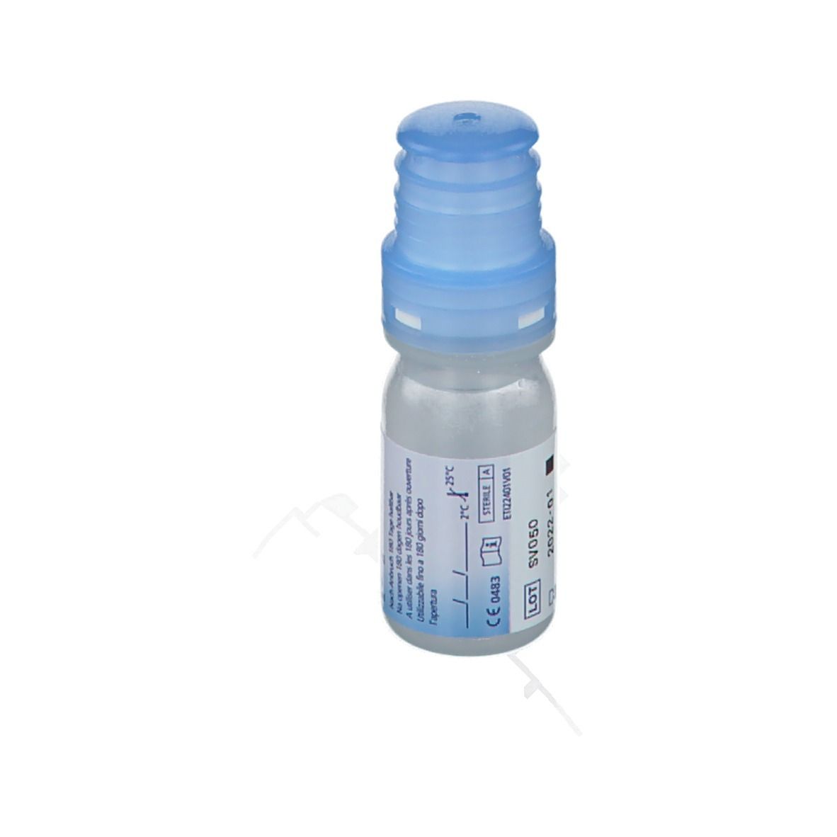 Flacon de gouttes ophtalmiques avec bouchon bleu. Inscription : Comfort Shield MDS. Inscription : 10 ml Hylan A fluid, 0,15%.