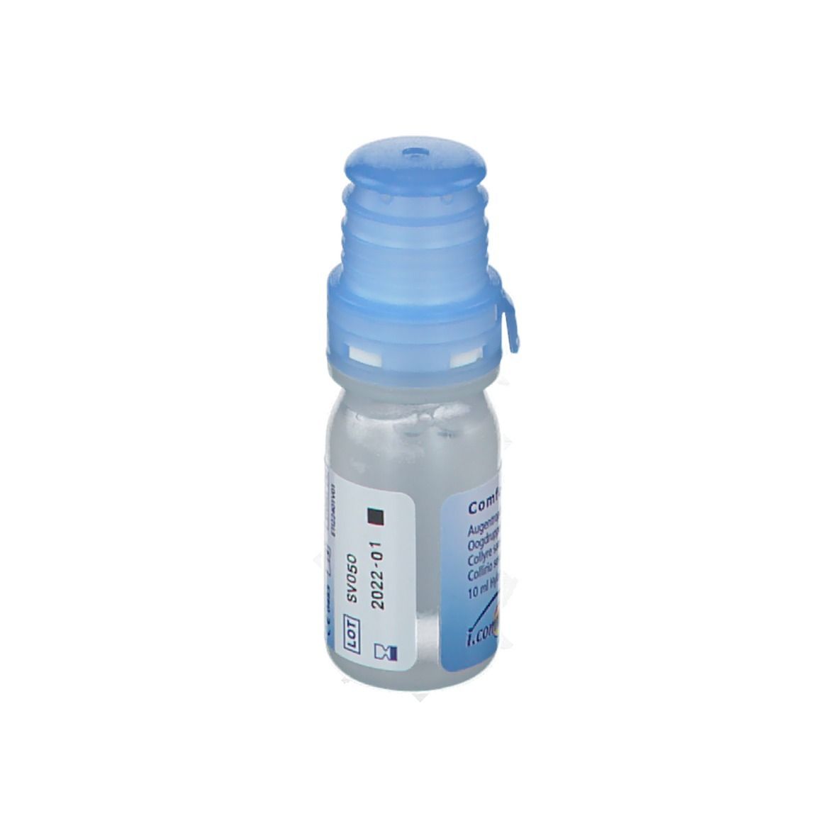 Flacon de gouttes ophtalmiques avec bouchon bleu. Inscription : Comfort Shield MDS. Inscription : 10 ml Hylan A fluid, 0,15%.