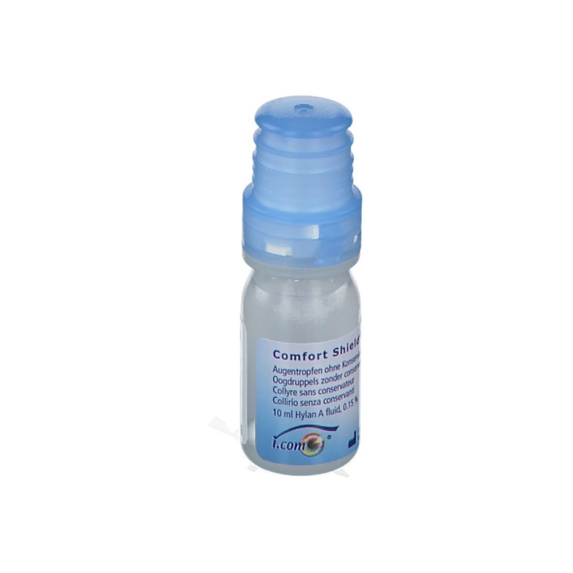Flacon de gouttes ophtalmiques avec bouchon bleu. Inscription : Comfort Shield. Inscription : 10 ml Hylan A fluid, 0,15%.