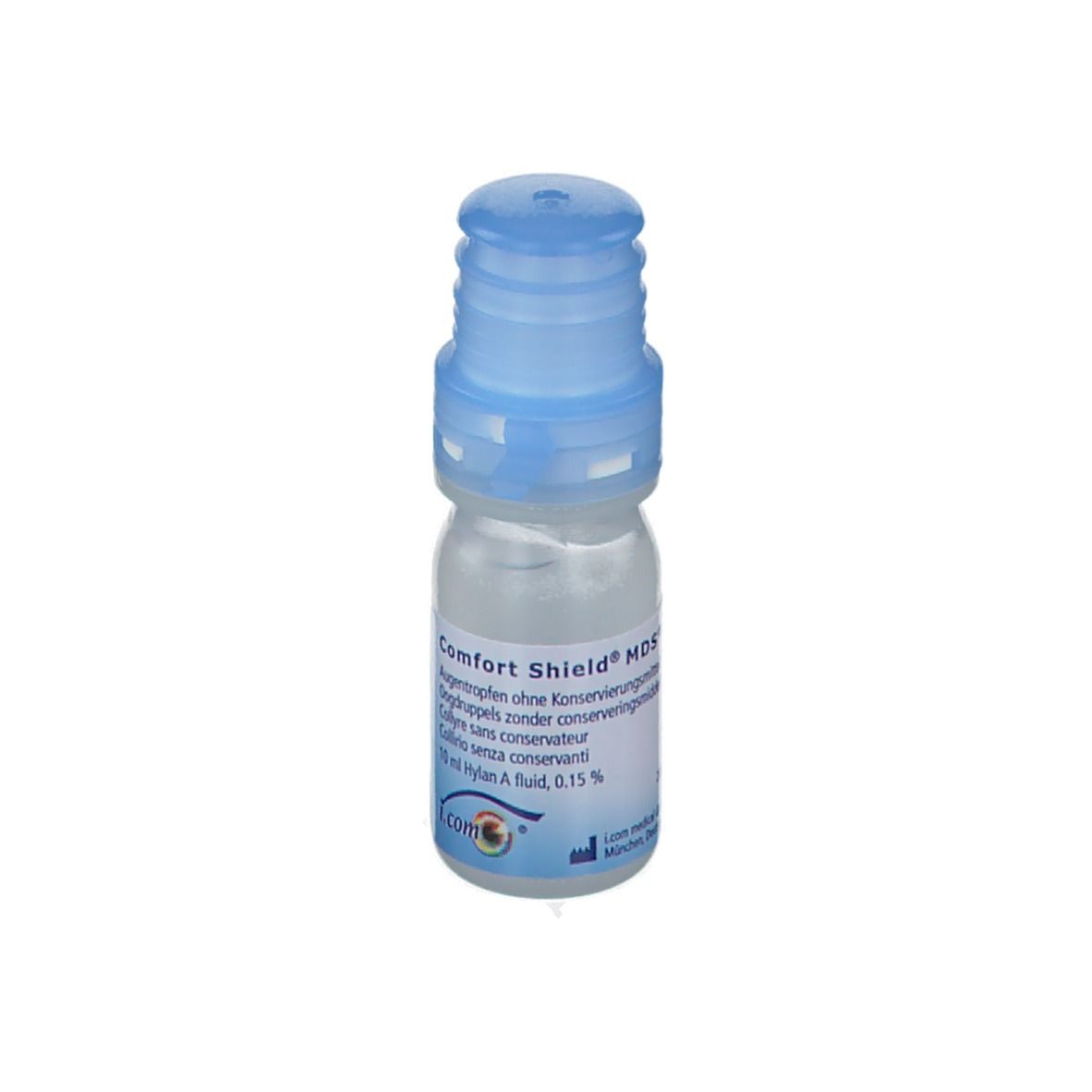 Flacon de gouttes ophtalmiques avec bouchon bleu. Inscription : Comfort Shield MDS. Inscription : 10 ml Hylan A fluid, 0,15%.