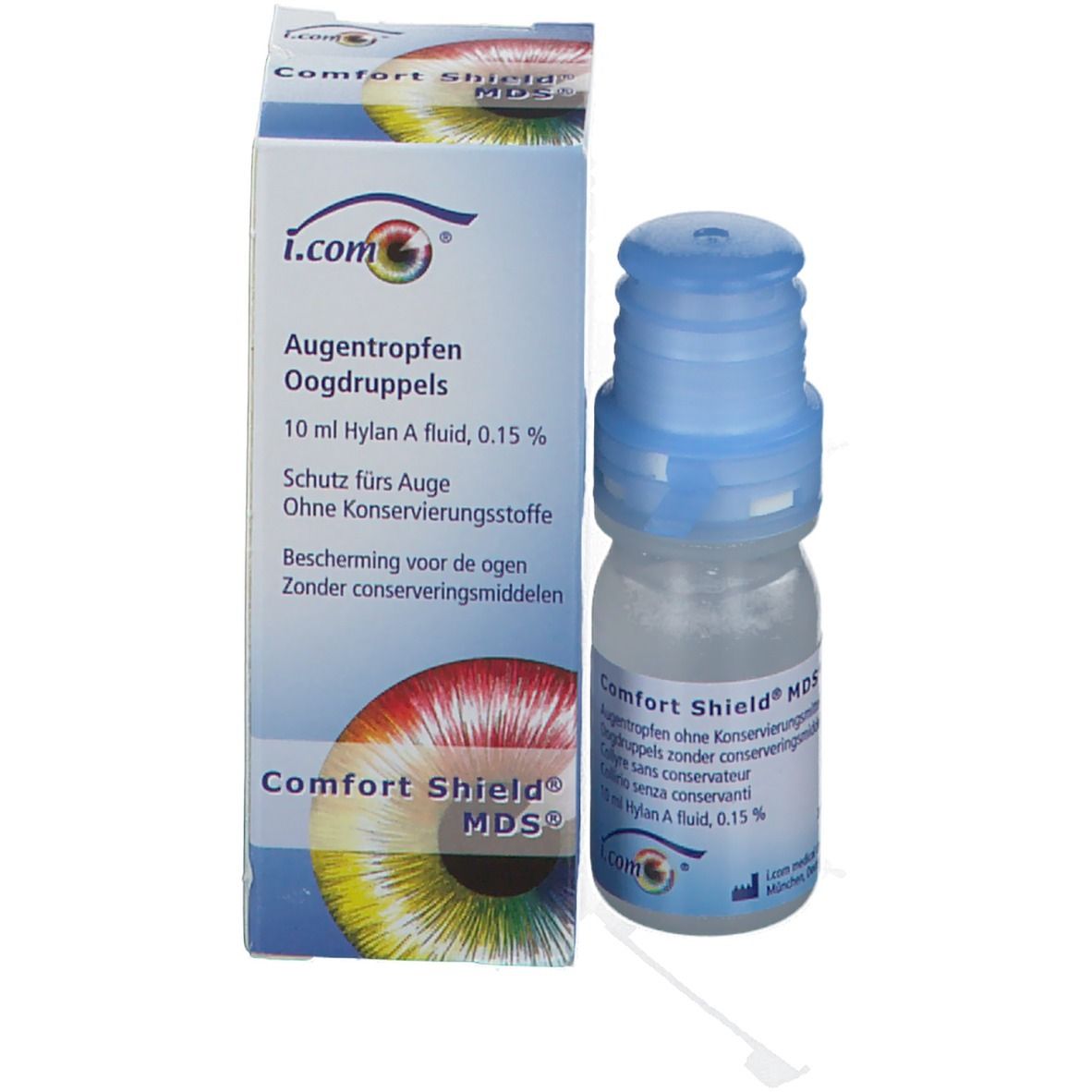 Emballage et flacon. Inscription : Comfort Shield MDS gouttes ophtalmiques, 10 ml Hylan A fluid, 0,15%.