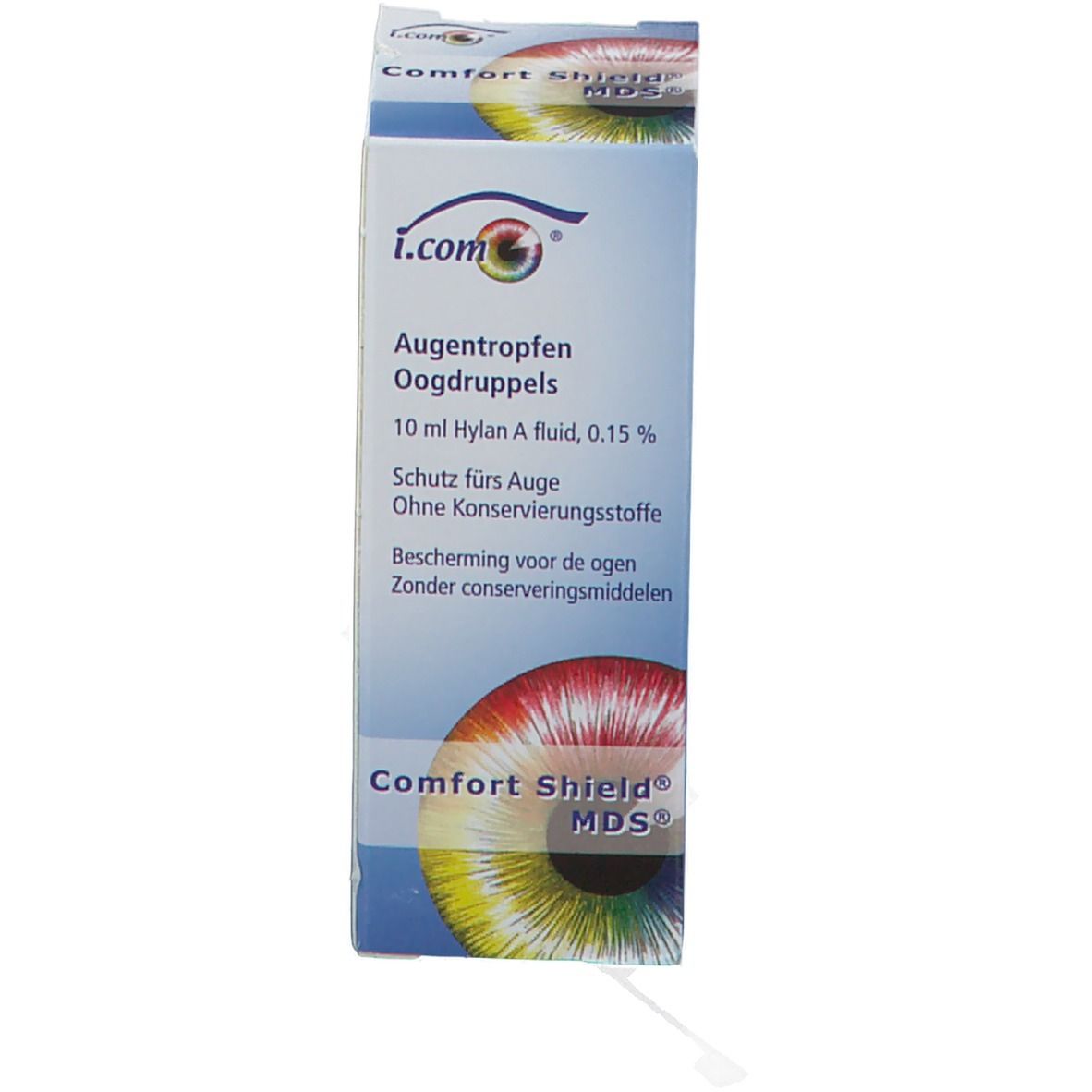 Emballage. Inscription : Comfort Shield MDS gouttes ophtalmiques, 10 ml Hylan A fluid, 0,15%.