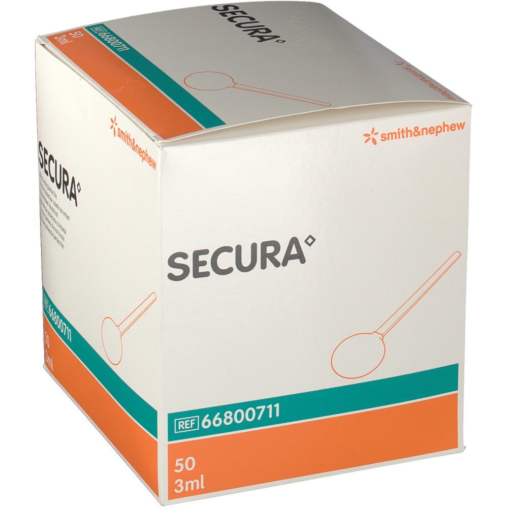 Emballage du produit SECURA. Contient 50 pièces. Emballage orange et blanc.