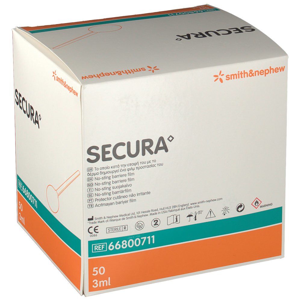 Emballage du produit SECURA. Contient 50 pièces. Textes multilingues.