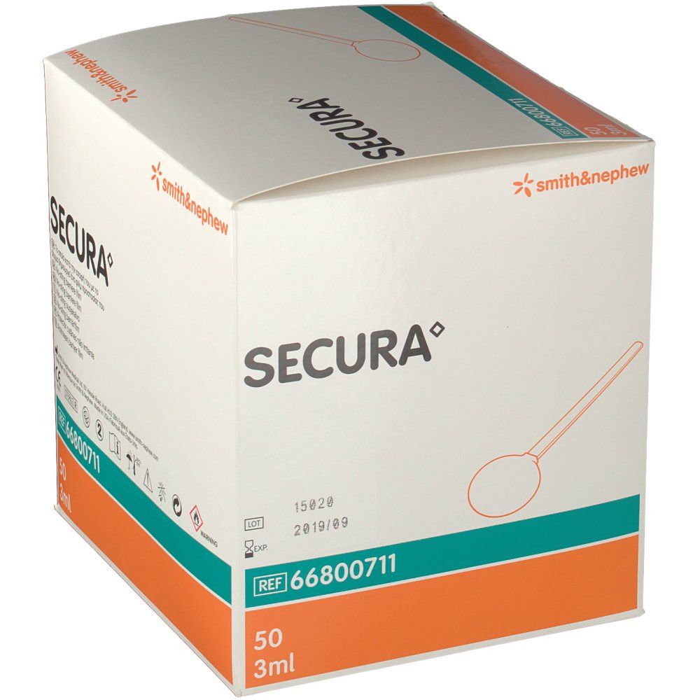 Emballage du produit SECURA. Contient 50 pièces. Emballage blanc.