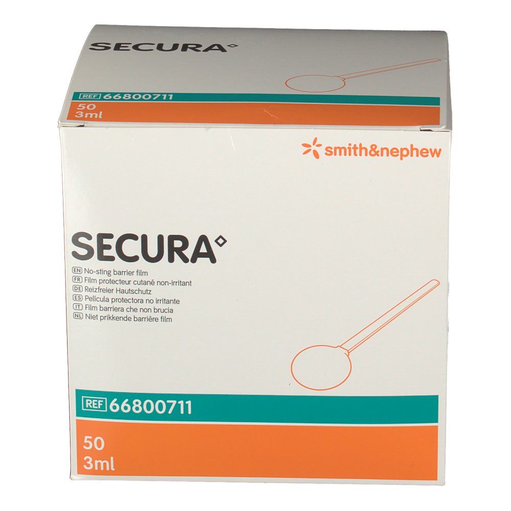 Emballage du produit SECURA. Contient 50 pièces. Textes multilingues.