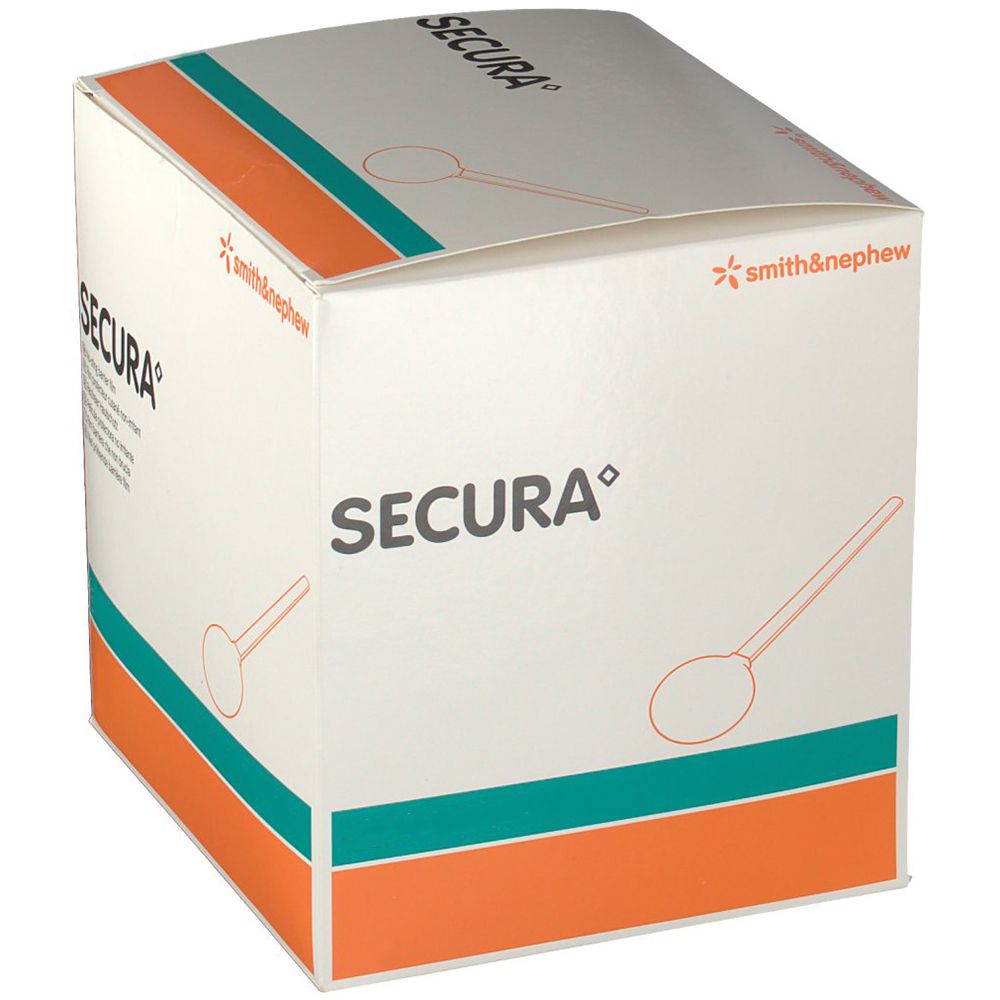 Emballage SECURA. Boîte blanche avec accents orange et verts. Logo et nom du produit clairement visibles.
