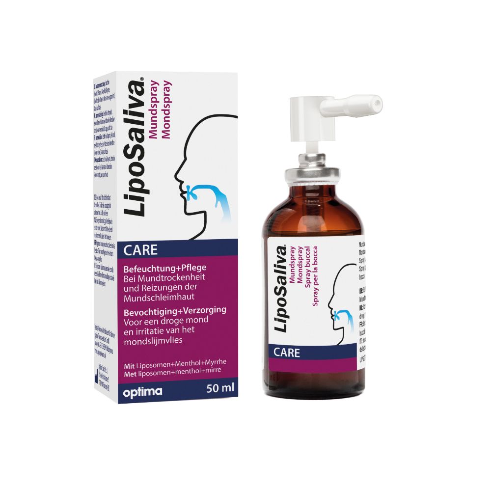 Spray buccal LipoSaliva et emballage. Flacon brun avec pulvérisateur et boîte blanche. Inscription : CARE.