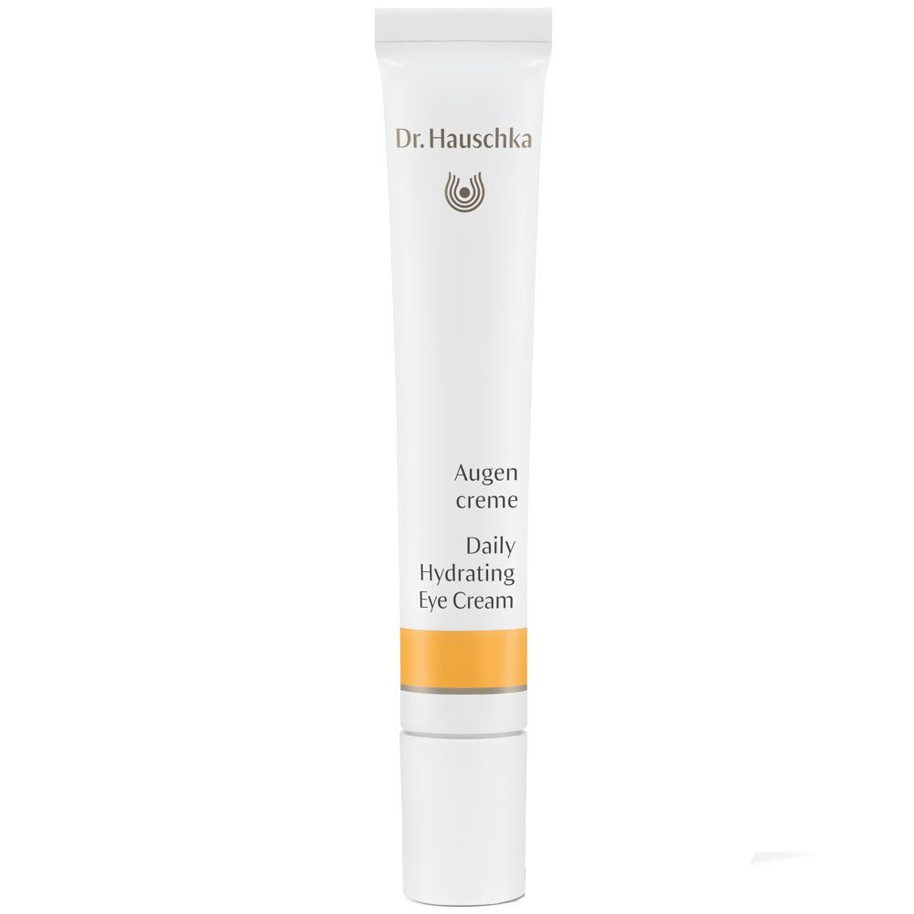 Tube blanche avec bande jaune. Inscription: Dr. Hauschka, Augencreme, Daily Hydrating Eye Cream.