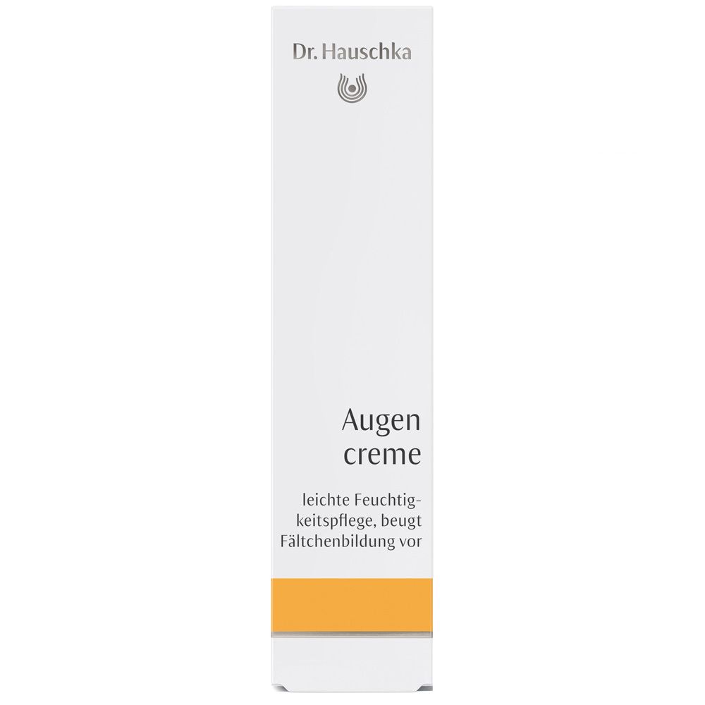 Emballage blanc avec bande jaune. Inscription: Dr. Hauschka, Augencreme, soin hydratant léger, prévient les rides.