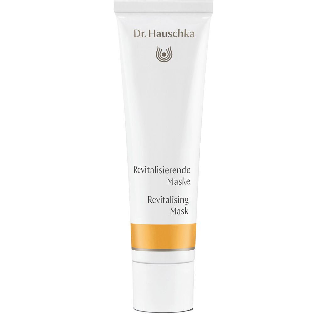Tube blanche avec bande jaune. Inscriptions: Dr. Hauschka, Masque Revitalisant, Revitalising Mask.