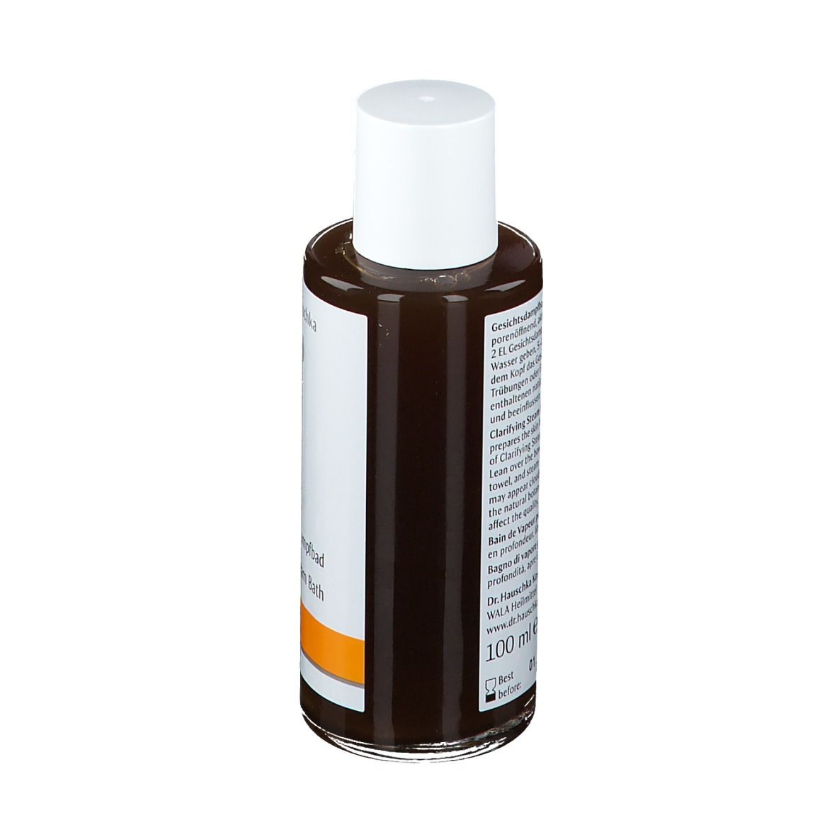 Flacon en verre brun avec bouchon blanc. Étiquette avec informations sur le produit. Dos avec texte. 100 ml.