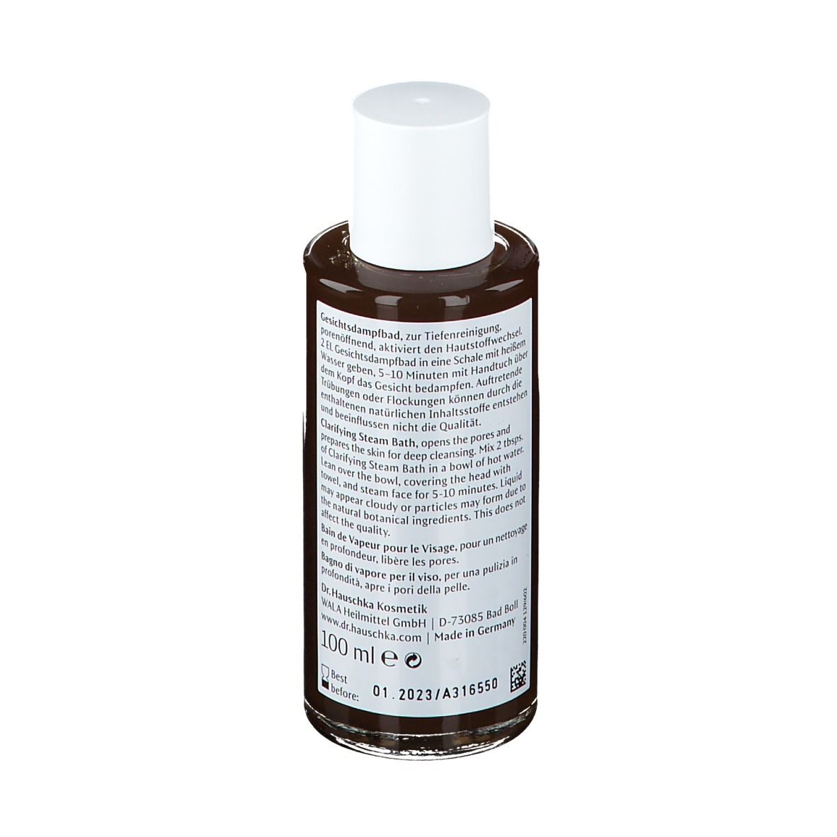 Flacon en verre brun avec bouchon blanc. Étiquette avec informations sur le produit. Dos avec texte. 100 ml.