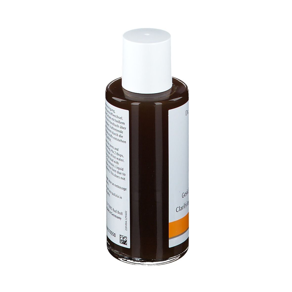 Flacon en verre brun avec bouchon blanc. Étiquette avec informations sur le produit. Dos avec texte. 100 ml.