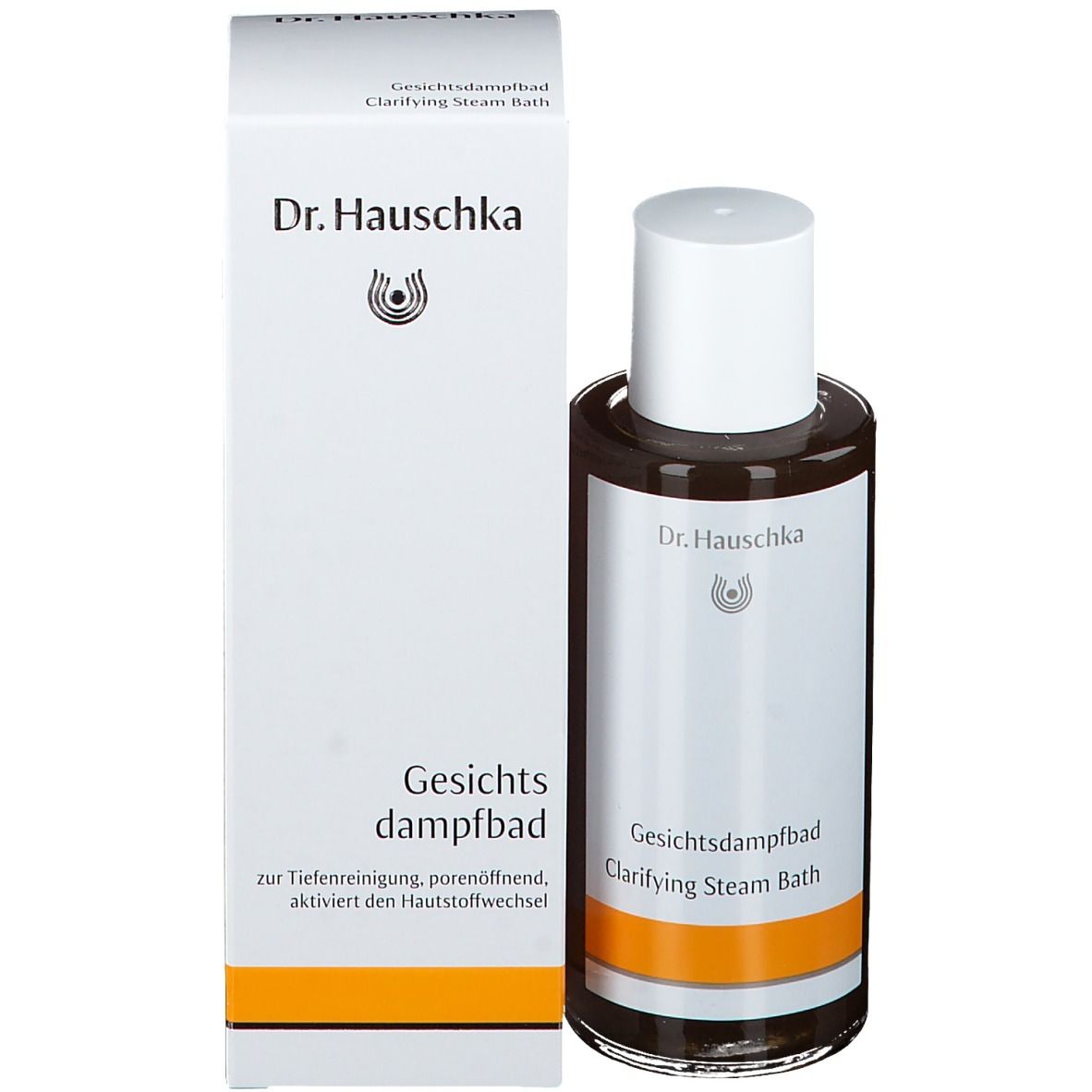 Flacon et emballage du produit. Emballage blanc avec nom du produit et marque Dr. Hauschka. Bande orange.