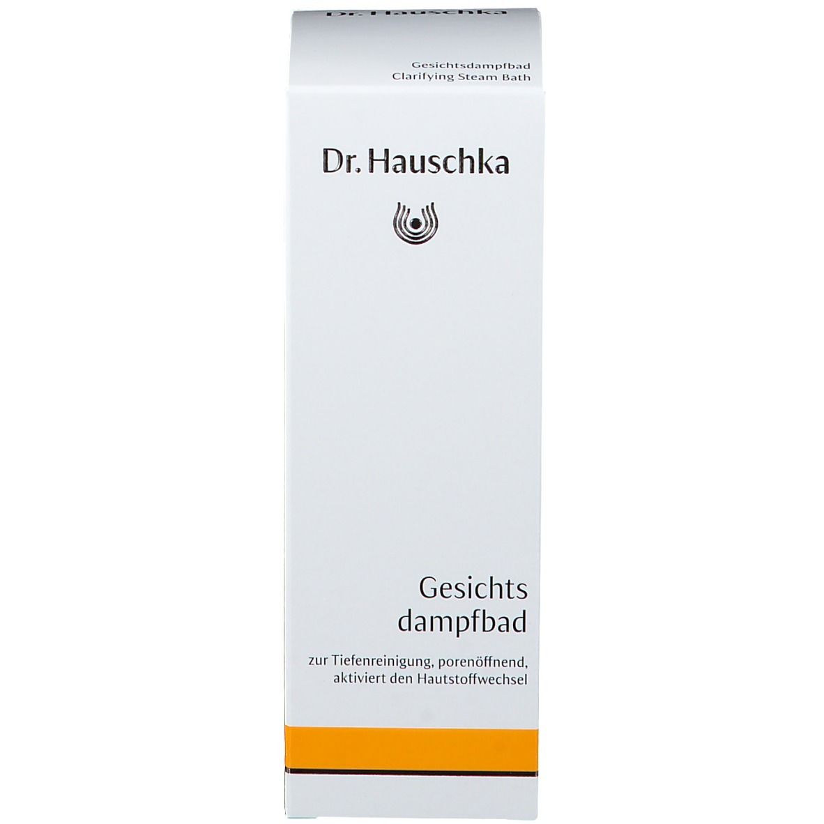 Emballage blanc avec nom du produit et marque Dr. Hauschka. Bande orange. Texte.