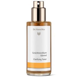 Flacon en verre brun avec vaporisateur. Inscription : Gesichtstonikum klärend, Clarifying Toner. Bande jaune.
