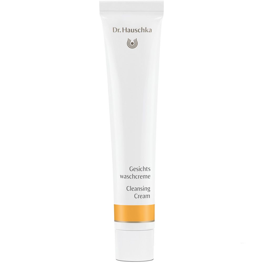 Tube blanche avec bande jaune. Inscription: Dr. Hauschka, Gesichtswaschcreme, Cleansing Cream.