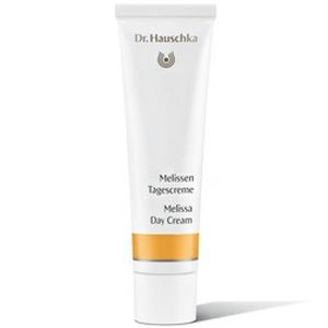 Tube blanche avec bande jaune. Inscription: Melissen Tagescreme, Melissa Day Cream. Marque: Dr. Hauschka.