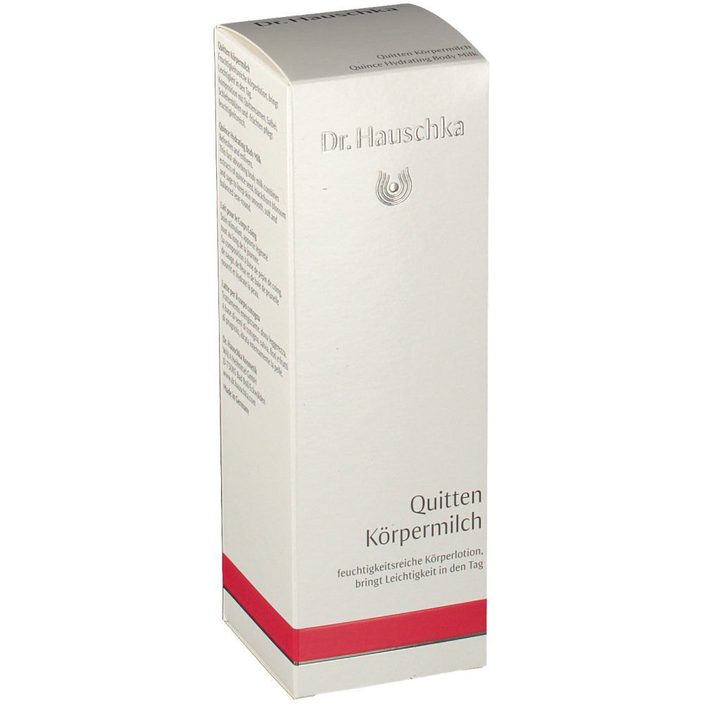 Emballage blanc avec bande rouge. Inscription : Dr. Hauschka, Quitten Körpermilch. Nom du produit et logo.