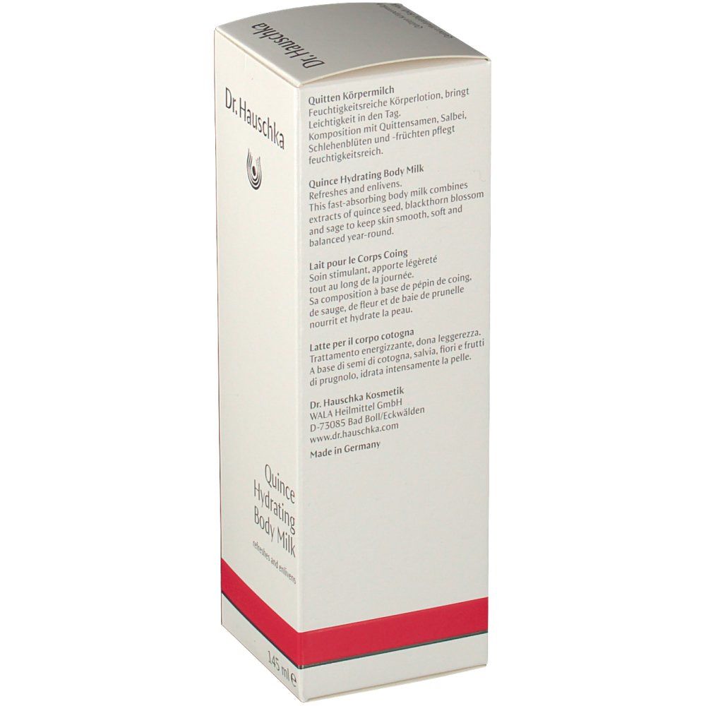 Dos de l'emballage blanc. Texte en plusieurs langues. Bande rouge en bas. 145 ml.