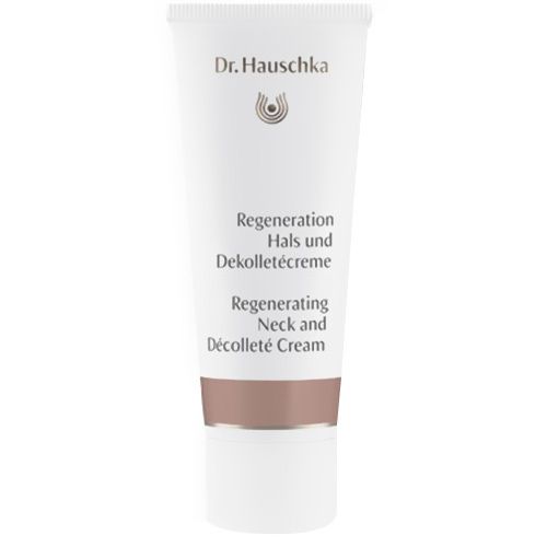 Tube de crème avec texte. Nom du produit : Regeneration Hals und Dekolletécreme. Marque : Dr. Hauschka.