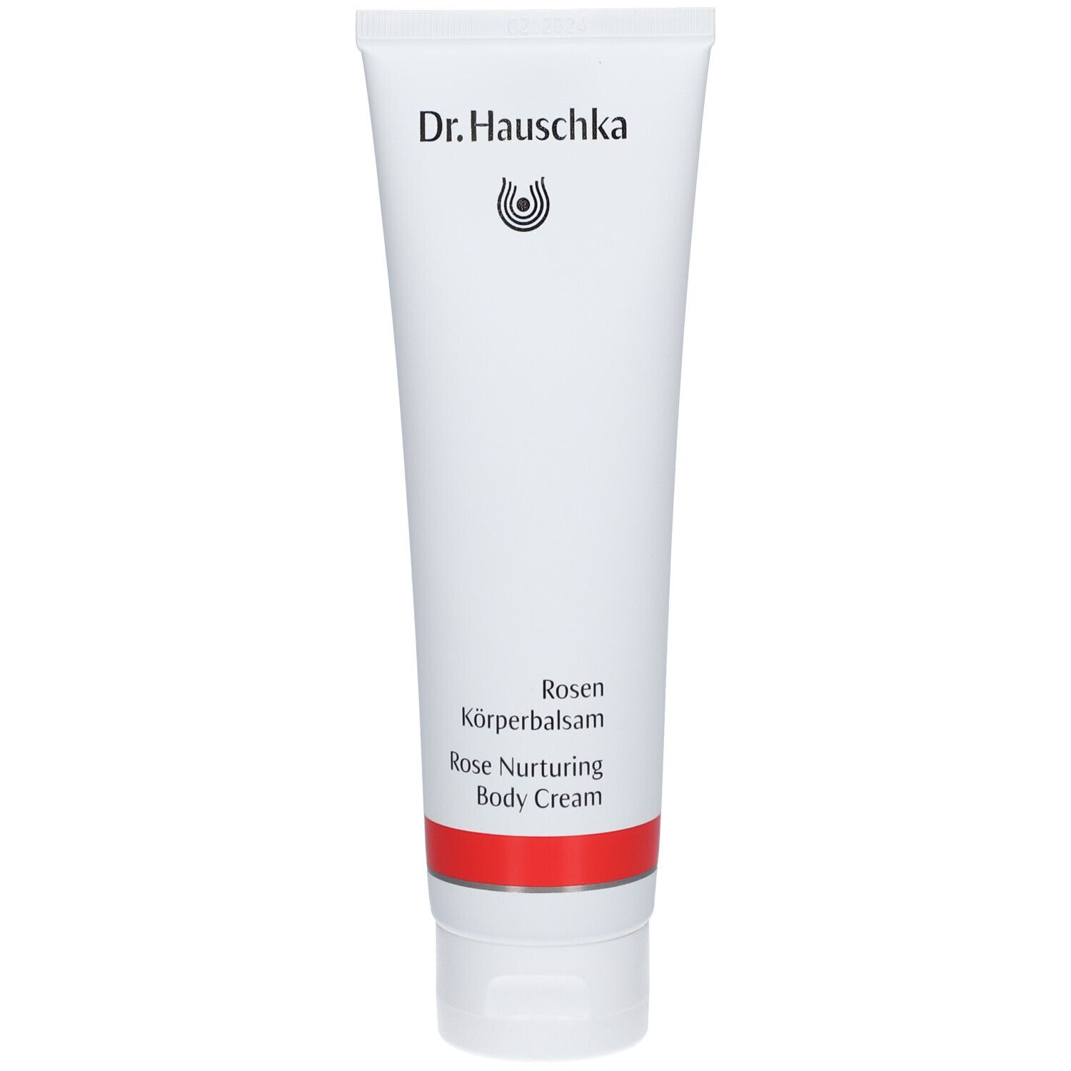 Tube blanche avec bande rouge. Inscription: Dr. Hauschka, Rosen Körperbalsam, Rose Nurturing Body Cream.