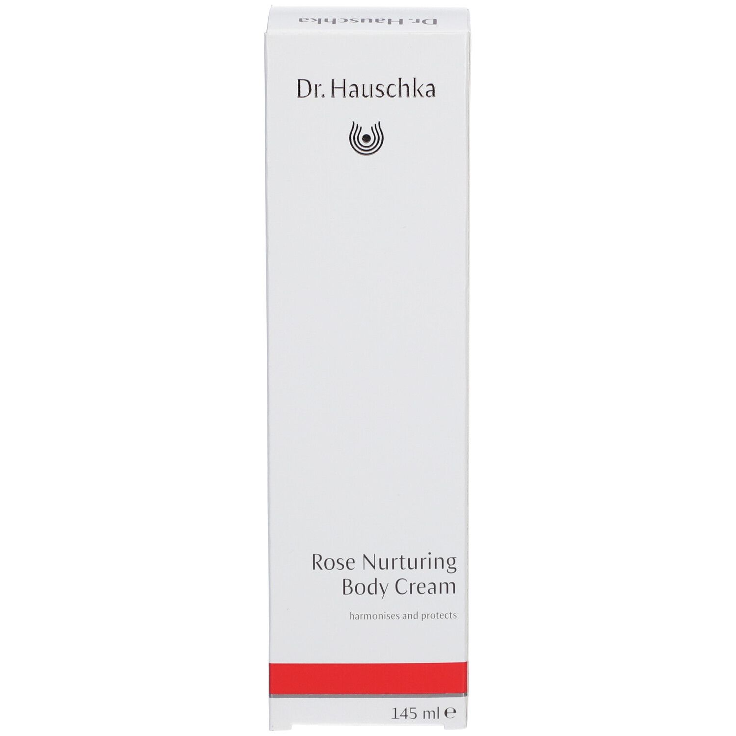 Boîte blanche avec inscription: Dr. Hauschka, Rosen Körperbalsam, Rose Nurturing Body Cream. Bande rouge.