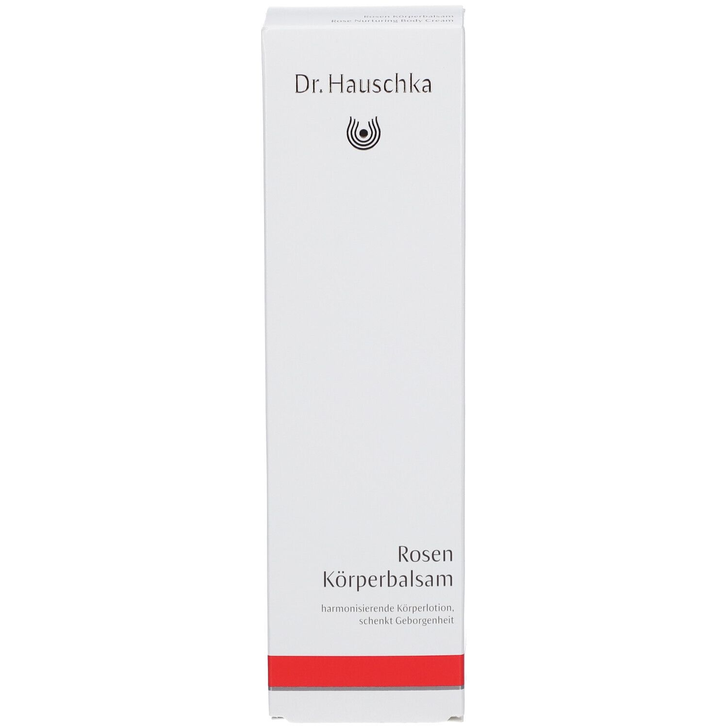 Boîte blanche avec inscription: Dr. Hauschka, Rosen Körperbalsam. Bande rouge en bas.