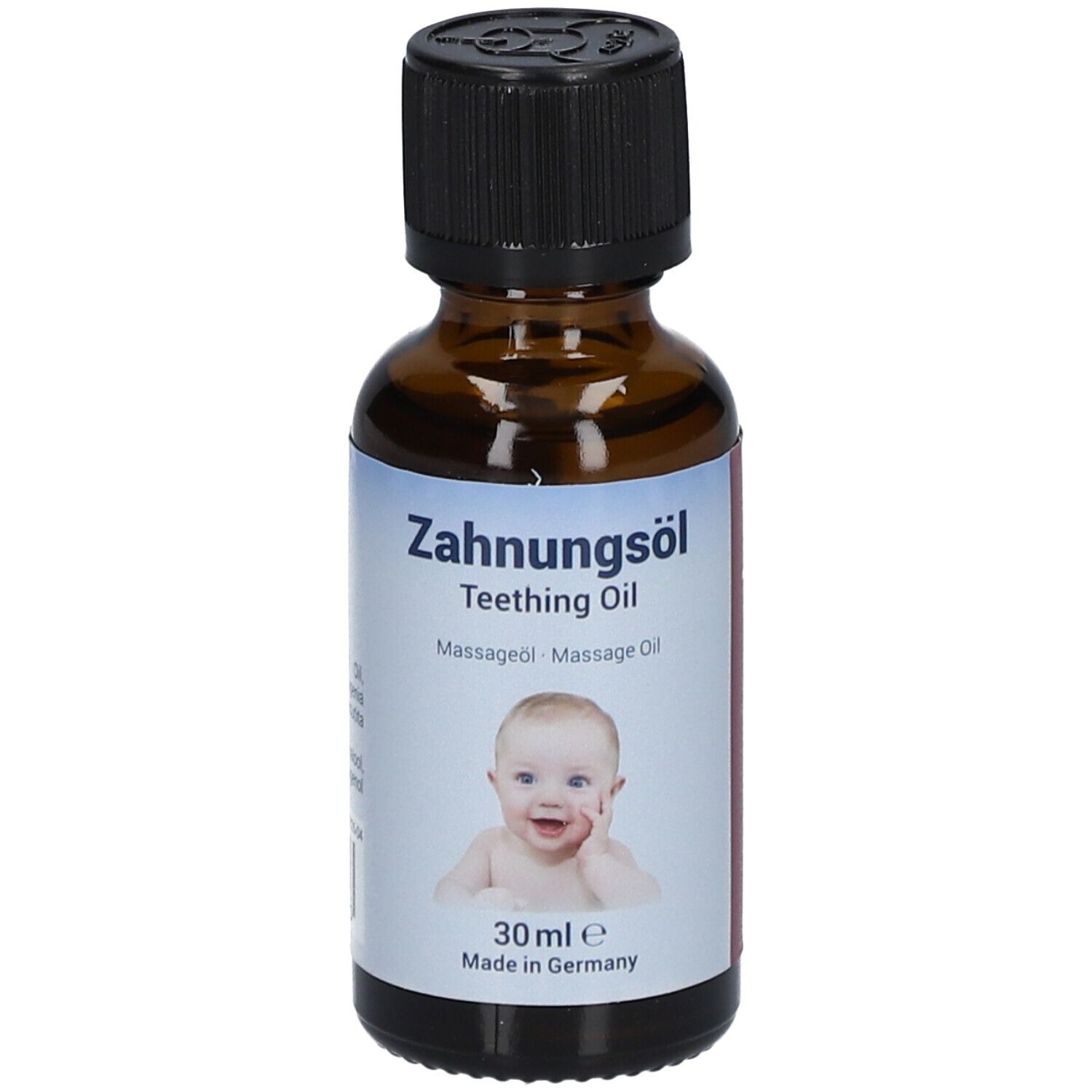 Flacon en verre brun avec bouchon noir. Étiquette avec nom du produit, photo de bébé et texte. 30 ml.