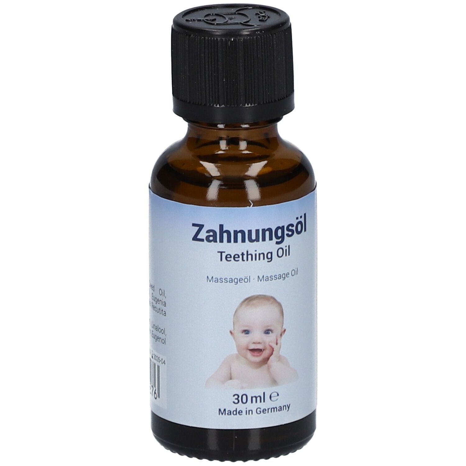 Flacon en verre brun avec bouchon noir. Étiquette avec nom du produit, photo de bébé et texte. 30 ml.