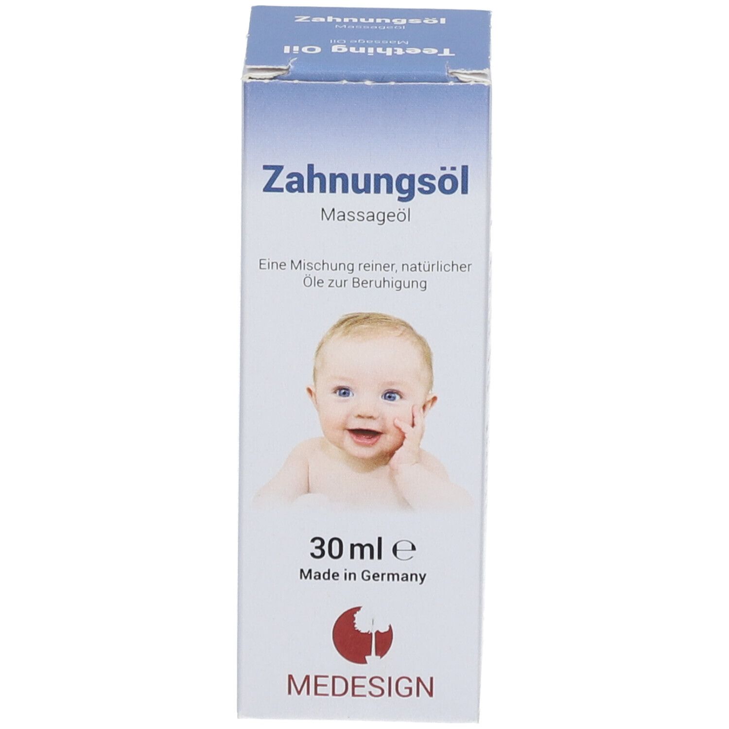 Boîte avec nom du produit, photo de bébé et texte. 30 ml. Marque MEDESIGN.