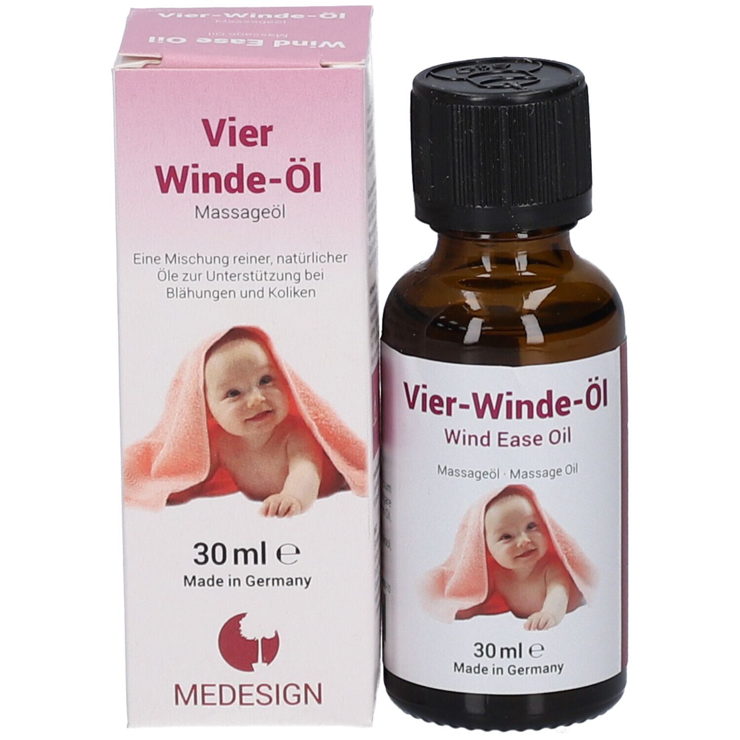 Flacon du produit à côté d'un emballage. Emballage avec nom du produit, illustration de bébé et indication de volume.