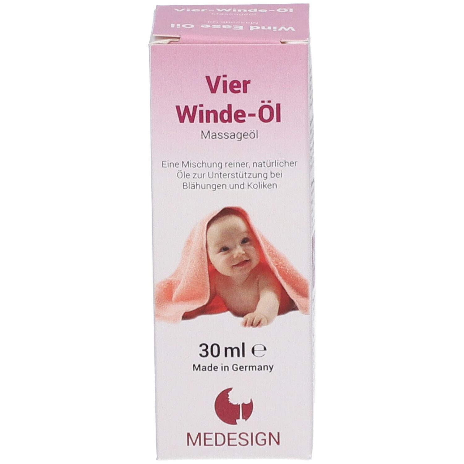 Emballage avec nom du produit, illustration de bébé et indication de volume. Design rose et blanc.