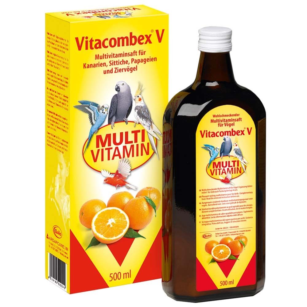 Flacon et emballage Vitacombex V. Bouteille marron, emballage jaune avec illustration de perroquets et texte 'Multi Vitamin'.