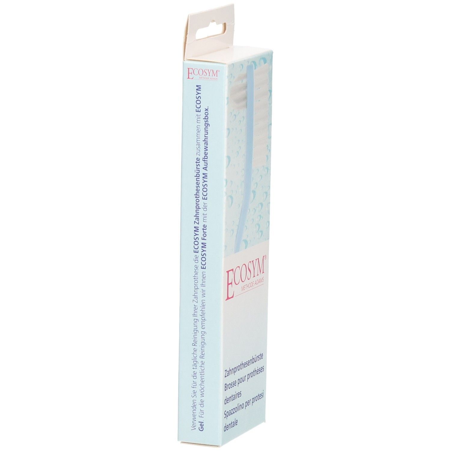 Emballage de la brosse à dents. Vue latérale avec code-barres et informations. Marque : Ecosym.