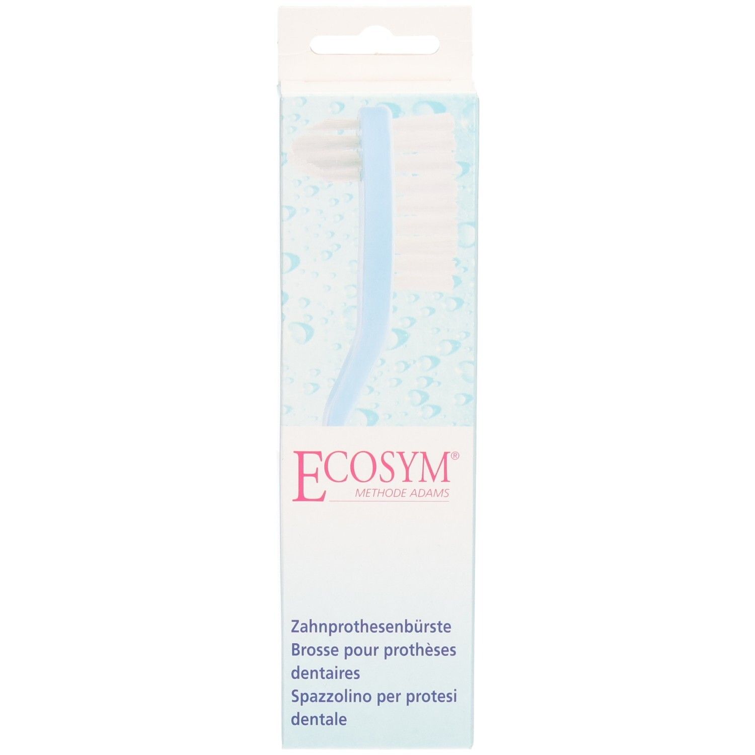 Brosse à dents double face dans son emballage. Tête blanche, manche bleu. Marque : Ecosym.