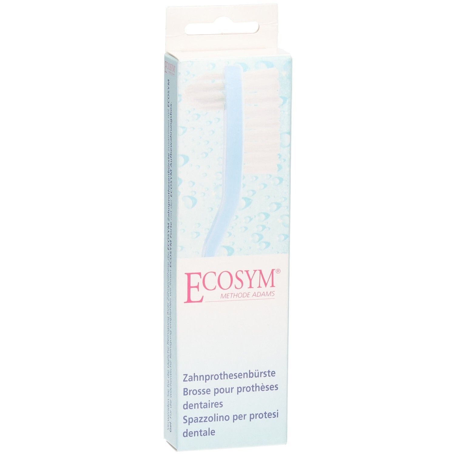 Brosse à dents double face dans son emballage. Tête blanche, manche bleu. Marque : Ecosym.