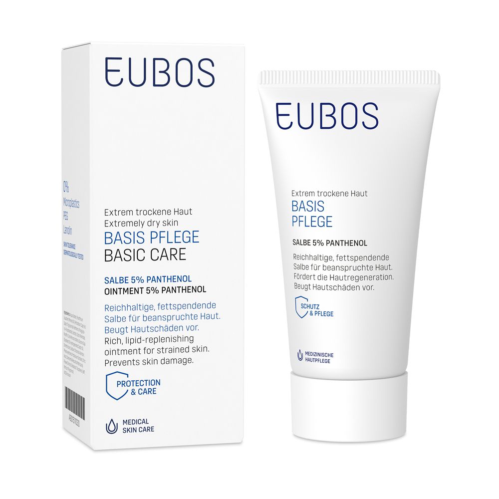 Tube et emballage EUBOS Basis Pflege Salbe 5% Panthenol. Blanc, bleu. Texte : Peau très sèche, Salbe 5% Panthenol.