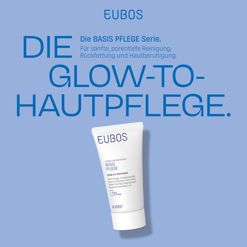 Tube EUBOS Basis Pflege Salbe 5% Panthenol. Blanc, bleu. Texte : Le soin de la peau Glow-to. Sur fond bleu.