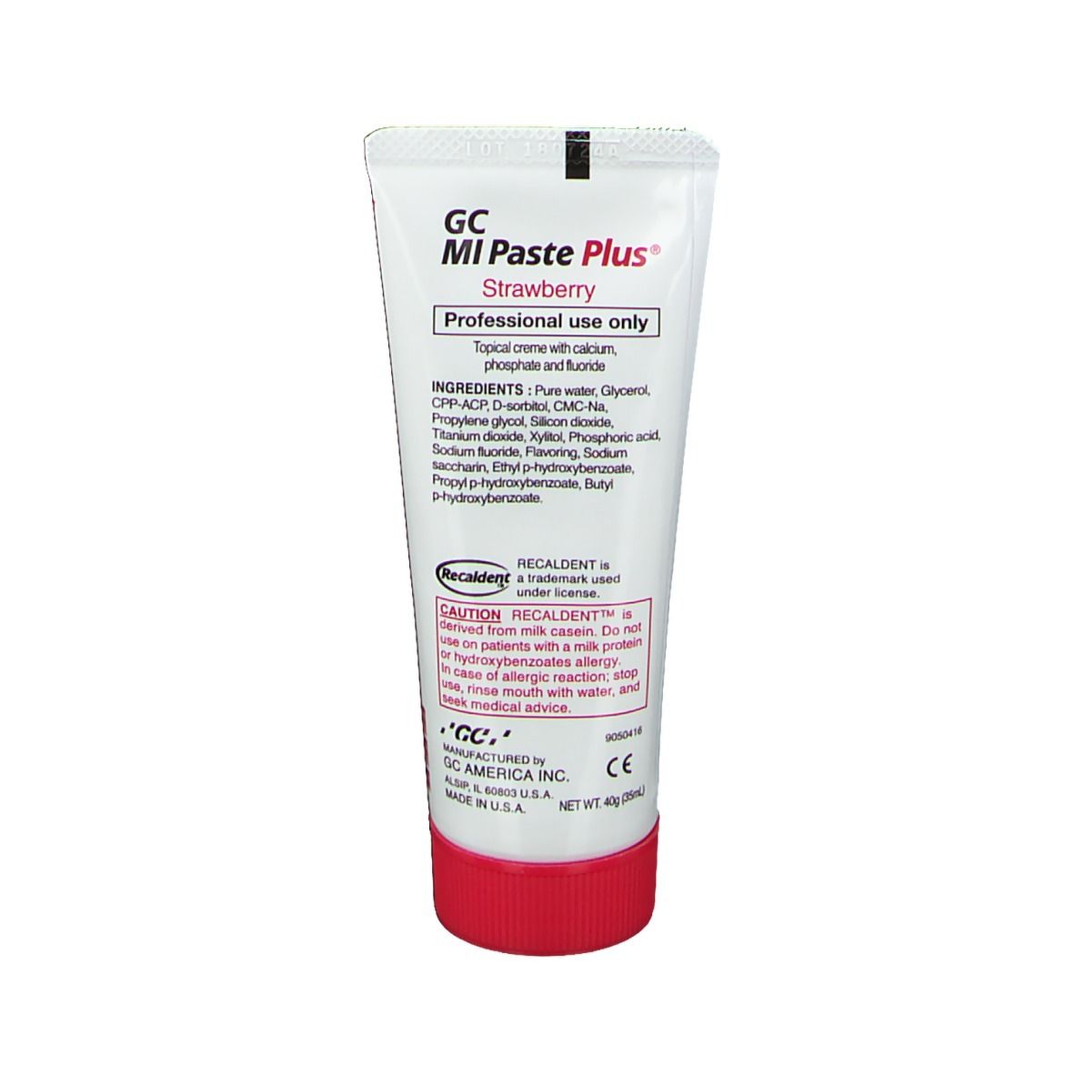 GC MI Paste Plus, saveur fraise, tube de 49g. Usage professionnel.