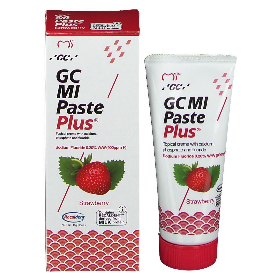 GC MI Paste Plus fraise, en tube et boîte. Contient du fluorure de sodium et du Recaldent.