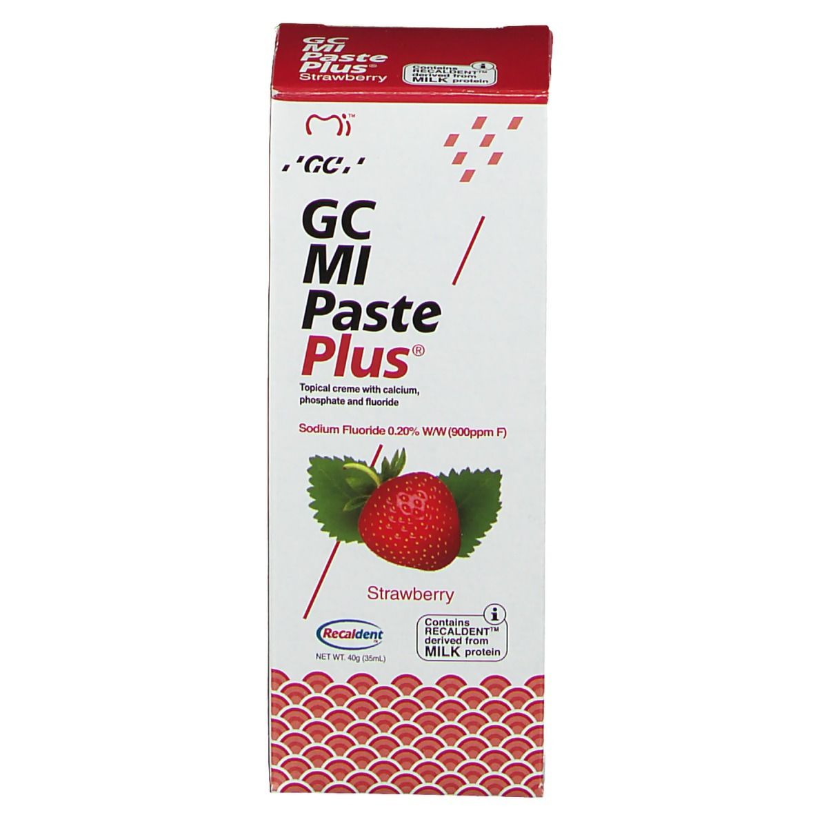 Tube de pâte dentifrice GC MI Plus Fraise avec illustration de fraise et logo Recaldent.
