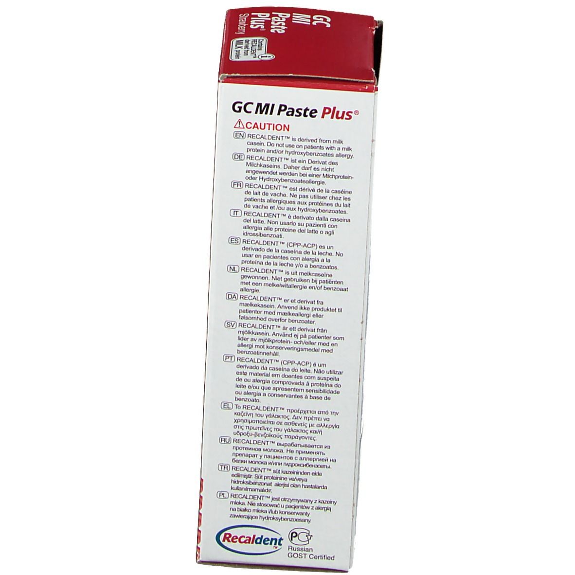 Emballage de GC MI Paste Plus avec avertissements et informations produit multilingues.