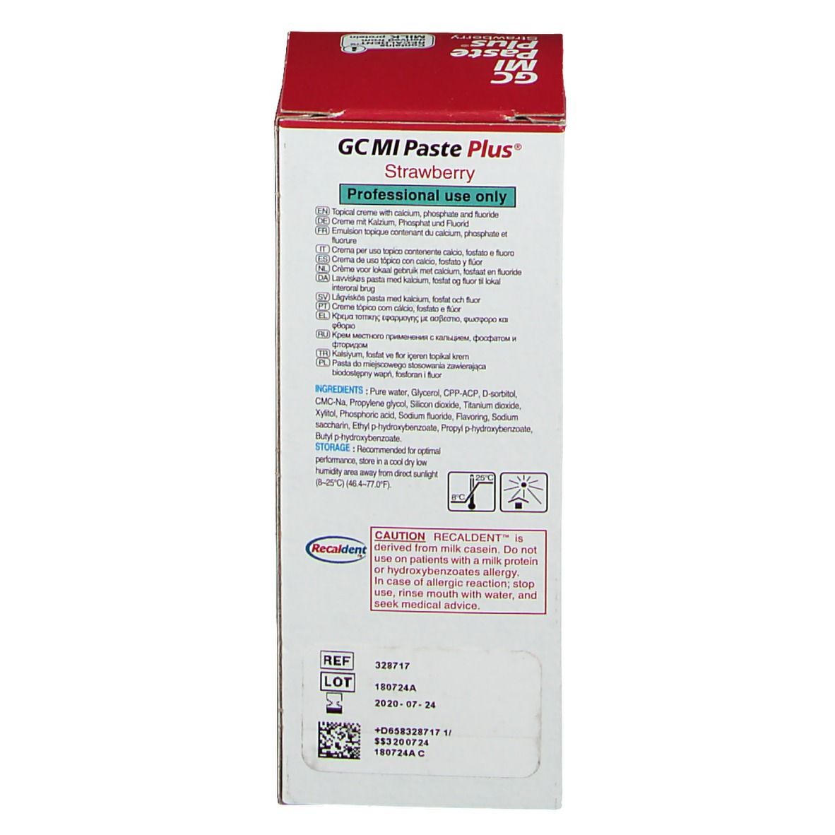 GC MI Paste Plus Fraise : Usage professionnel. Contient du calcium, du phosphate et du fluorure.