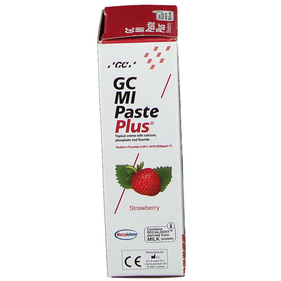 GC MI Paste Plus Fraise : Dentifrice saveur fraise, contient du Recaldent dérivé de protéines de lait.