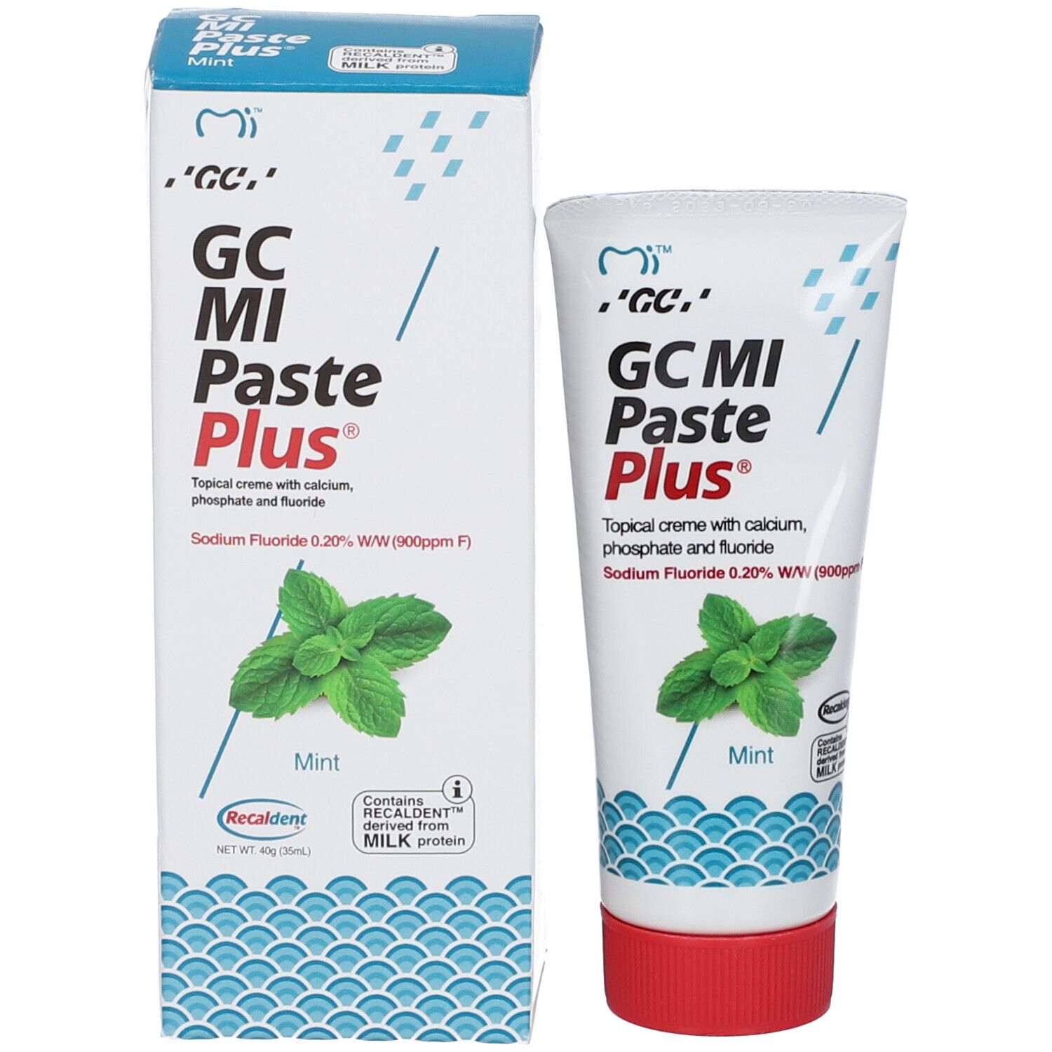 Tube et boîte de dentifrice. Inscription: GC MI Paste Plus® Menthe. Contient calcium, phosphate et fluorure. Illustration de menthe.