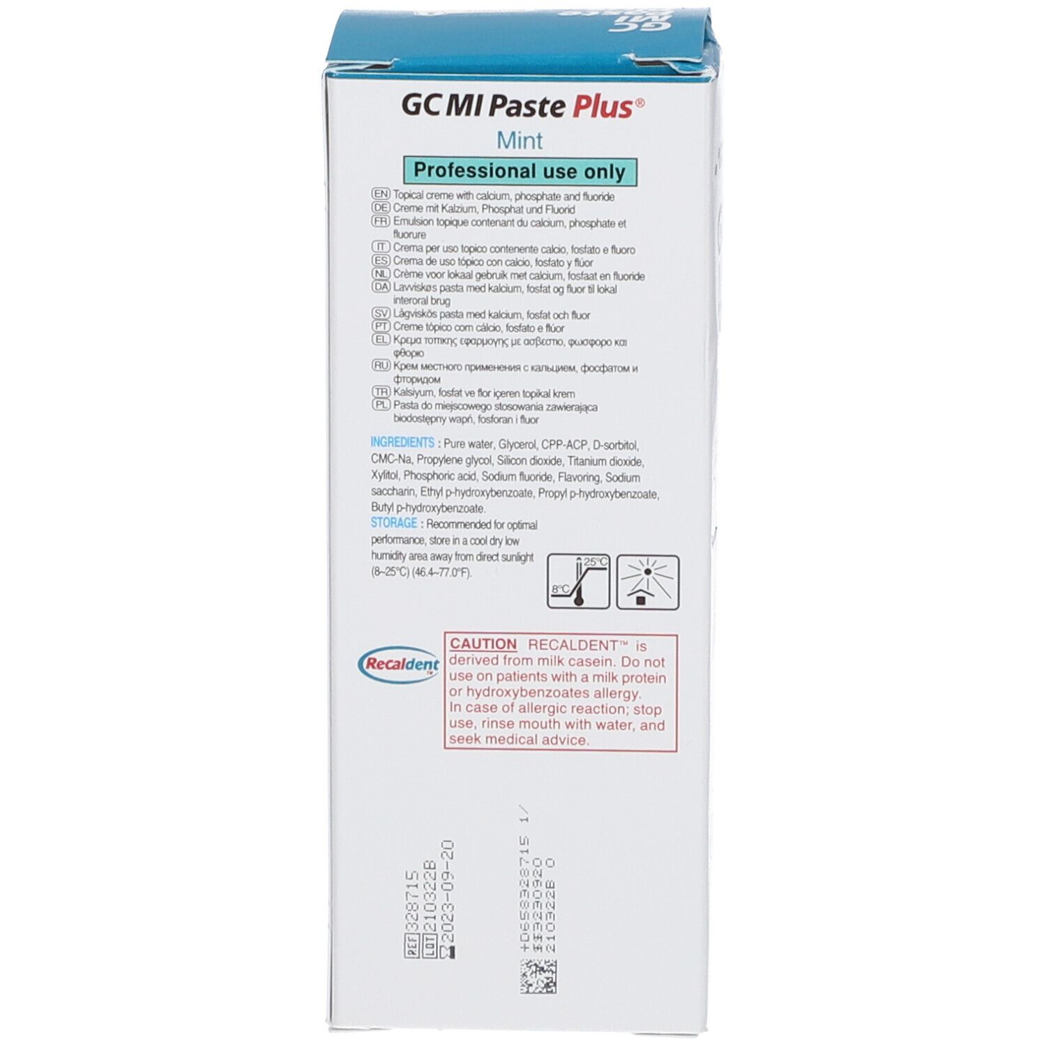 Dos de la boîte de dentifrice. Contient ingrédients, avertissements et mode d'emploi. Marque: GC MI Paste Plus® Menthe.