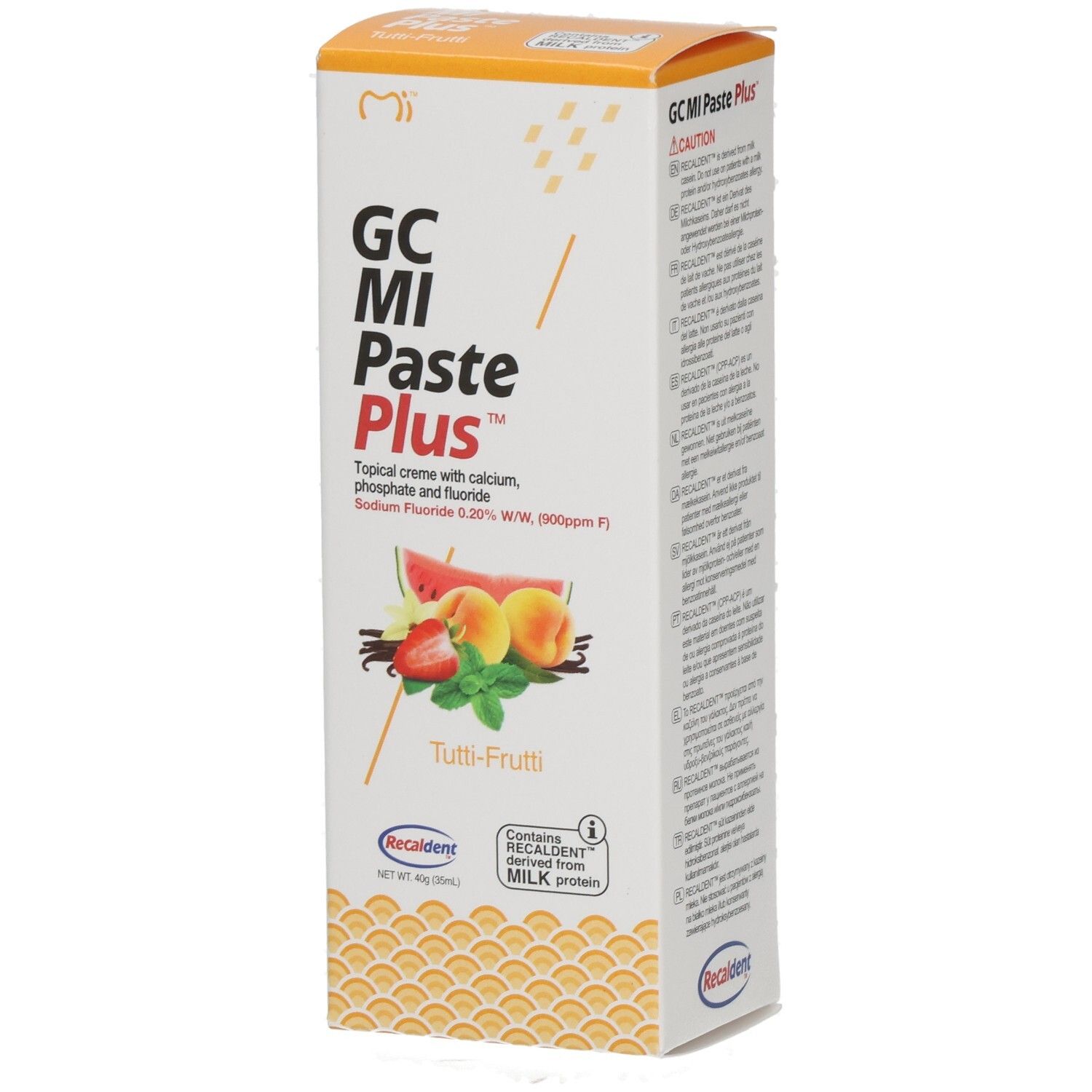 Emballage de GC MI Paste Plus Tutti Frutti avec images de fruits et informations produit.